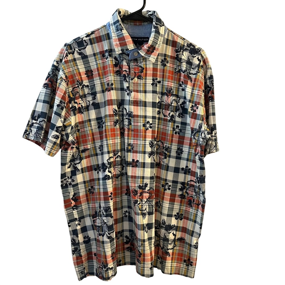 Tommy Hilfiger Men's Button‎ Up Shirt L Plaid Floral Short Sleeve Casual Summer